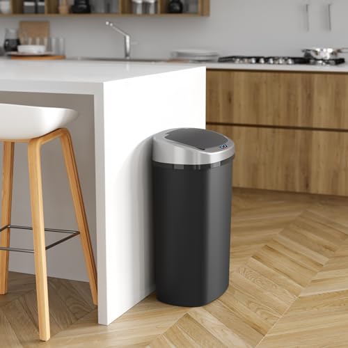 Image of iTouchless 13 Gallon Sensor Kitchen Trash Can with Lid and Odor Filter, Durable Dent-Proof Automatic Waste Basket Garbage Bin Great for Home, Office, Business, Slim Space-Saving, Oval, Black Plastic