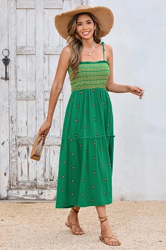 Image of R.Vivimos Womens Summer Cotton Boho Midi Dress 2026 Spaghetti Strap Floral Embroidered Smocked Tiered Flowy Long Dresses