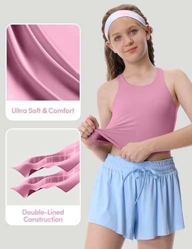 Image of Girls Tank Tops Double Lined Crop Tops for Kids High Crew Neck Racerback Basic Sleeveless Dance Top for Girls