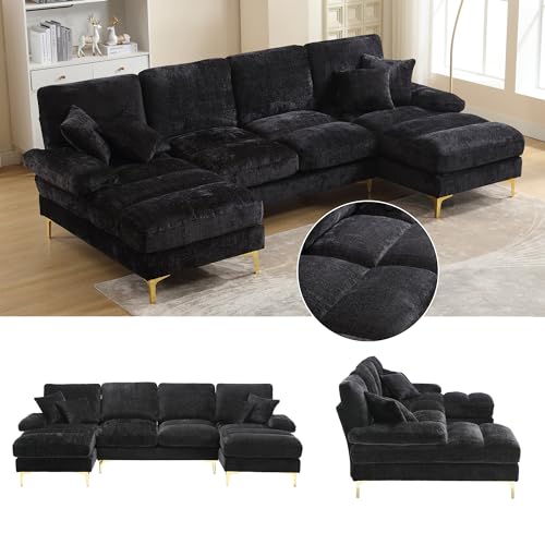 YESGIGA Moderno sofá seccional en forma de U de chenilla grande con asientos reclinables dobles para sala de estar dormitorio oficina apartamento (negro)