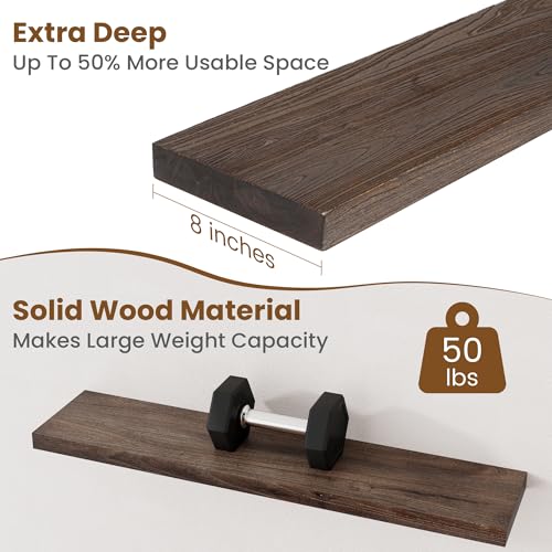 Image of Floating Shelves for Wall Decor, 8 Inch Deep Rustic Solid Elm Wood Floating Shelves Wall Mounted, Wall Shelves with Invisible Bracket for Living Room Bathroom Bedroom Kitchen, 36 Inch Set of 2, Walnut