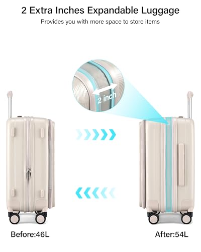 Image of Hanke 56cm Expandable Cabin Trolley Bag, 15.6 Inch Laptop Compartment, Top Opening Hard Shell Polycarbonate, 8 Durable Silent Spinner Wheels, Lightweight Carry On Suitcase for Women,Ivory White