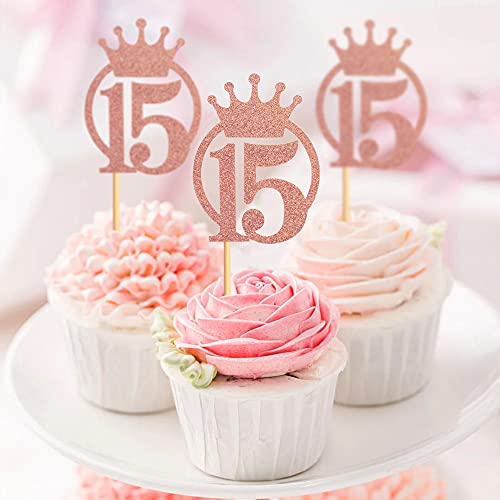 Unimall Pack Of 24 Rose Gold Glitter Number 15 Cupcake Toppers With Crown 15Th Birthday Party Cupcake Toppers Fifteen Years Old Birthday Children Mis Quince Party Decoration thumb #3