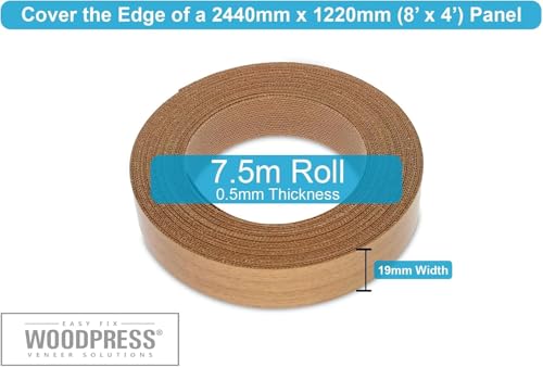 WoodPress® 19mm Buchenholz-Stil Melamin Kantenumleimer mit Schmelzkleber – 7,5m Rolle – Einfaches Aufbügeln für Heimwerker