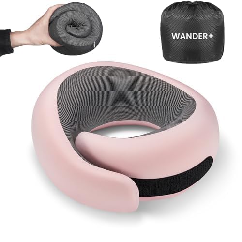 Image of WANDER+ Travel Pillow, 100% Pure Memory Foam Travel Neck Pillow Airplane Neck Support Ergonomic Design Best for Sleeping Plane Car Train Office Flight for Adults Pink