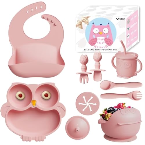 Image of 13Pcs Silicone Baby Feeding Set - Baby Spoon, Baby Bowls, Baby Plates with Suction, Baby Bib, Toddler Cups with Replaceable Lids (Pink)