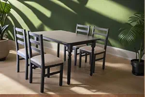 BARN OWL Dining Table Set for 4 | 5-Piece Dining Veerneer Top Table Set | 4 Upholstered Chairs with Brown Cushion | Stylish Dining Table for Home and Kitchen, Small Space (Teak)