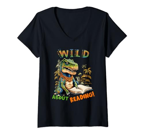 Womens Librarian Teacher Kids Wild About Reading Dinosaur Reading V-Neck T-Shirt