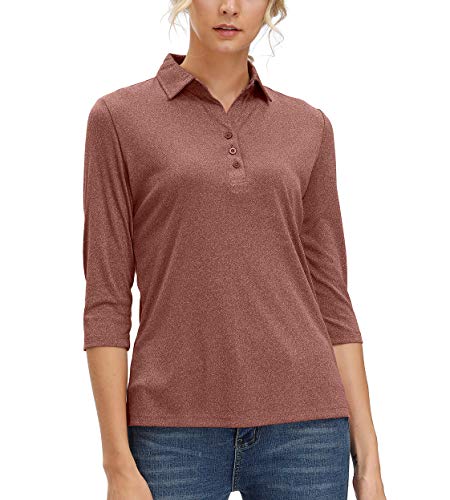 Women's 3/4 Sleeve Polo Shirts Moisture Wicking Performance Knit Tops Fitness Workout Running Sports Leisure T-Shirt (Claret Red,M)
