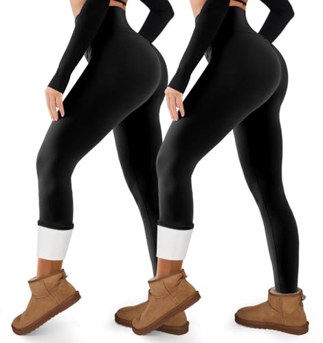 COOLOVER 2 Pack Fleece Lined Leggings Women Tummy Control High