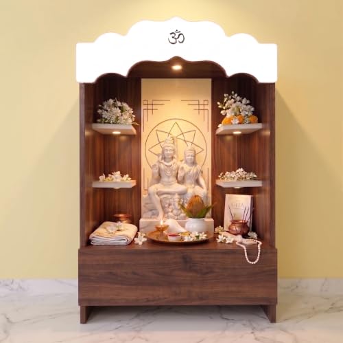 Image of Alpine Willow 3 Ft X 2 Ft Wooden Temple (DIY Assembly-Do it Yourself) I Mandir for Home I Pooja ghar I Corian Design devghar I Medium Size Temple for Home I Pooja Mandir Unit I Devghar with LED Light