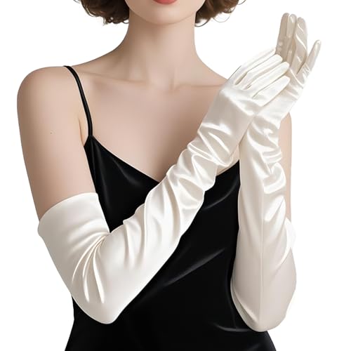 THARAHT Women Long Gloves with Satin Elbow Length for 1920s Opera Tea Party Costumes Bridal Evening Dress Pearl White