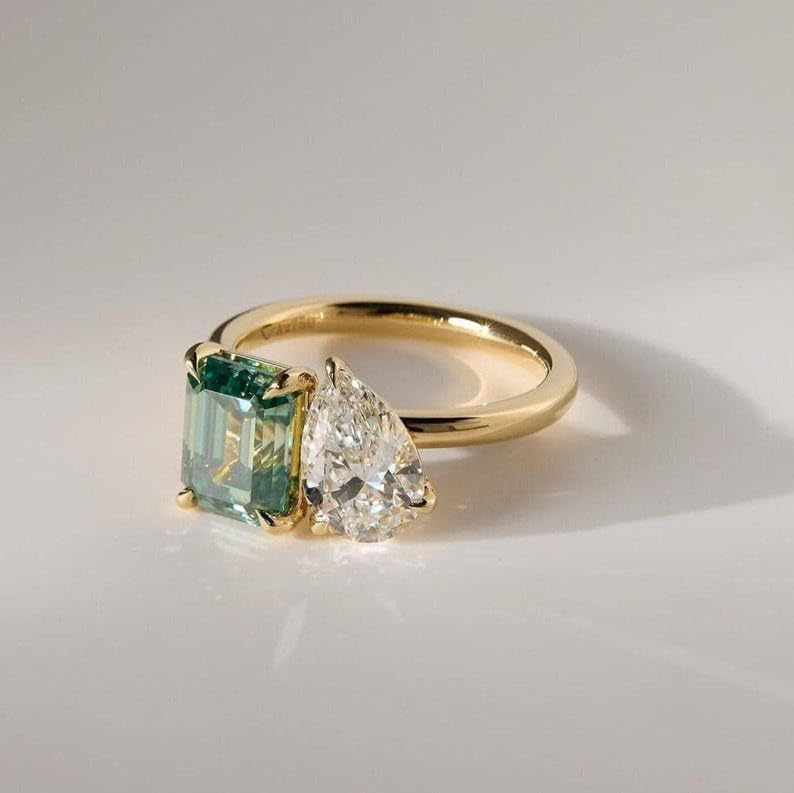 Vintage Toi Et Moi Engagement Ring, Tourmaline Moissanite Promise Ring, Engagement Jewelry, Two Stone Rings, Moi Et Toi Rings Gift for Her • SE1244