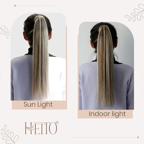 Hetto Ponytail Hair Extensions Real Human Hair Brown Ponytail Extensions Human Hair 20 Inch Blonde Clip in Ponytail Hair Extensions Secure with Comb & Velcro 80g #10/613 - Image 4