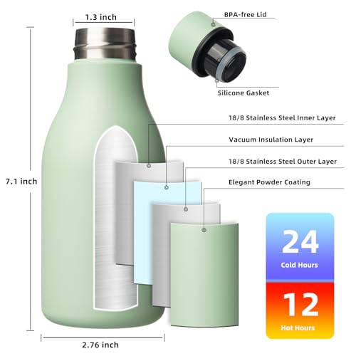 Image of BJPKPK Insulated Water Bottles, 12oz Stainless Steel Metal Water Bottle with Strap, BPA Free Leak Proof Jugs, Mugs, Flasks, Reusable Thermal Flasks for Sports & Travel, Macaron Green