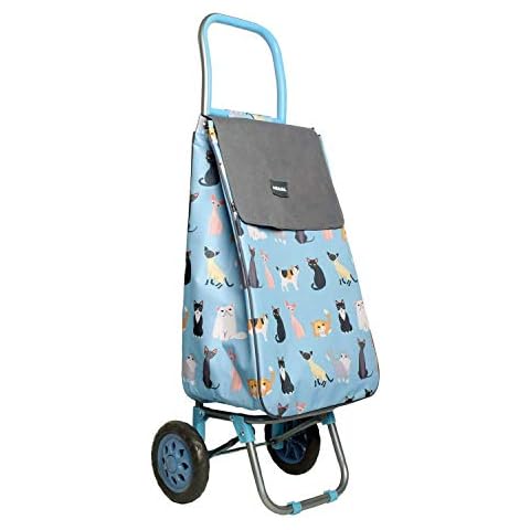 Sabichi Crazy Cats Blue 2 Wheel Shopping Trolley - Thermal Insulation Liner and Trolley Hanger - Folding Shopping Trolley - 40ltr Capacity - 94 x 33 x 22cm Cover