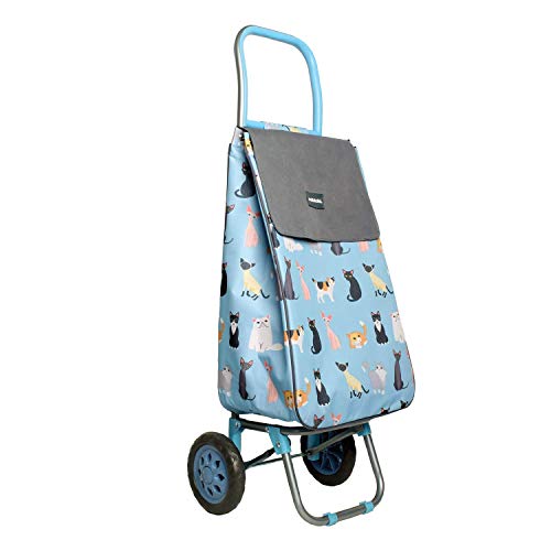 Sabichi Crazy Cats Blue 2 Wheel Shopping Trolley - Thermal Insulation Liner and Trolley Hanger - Folding Shopping Trolley - 40ltr Capacity - 94 x 33 x 22cm Sabichi Crazy Cats Blue 2 Wheel Shopping Trolley - Thermal Insulation Liner and Trolley Hanger - Folding Shopping Trolley - 40ltr Capacity - 94 x 33 x 22cm