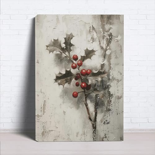 Toile murale abstraite haut de gamme baies rouges et fond gris texturé avec cadre