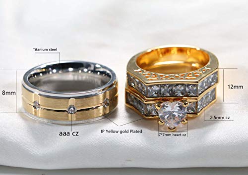 2 Rings Couple Rings Bridal Sets Yellow Gold Filled Heart Cz Womens Wedding Ring Sets Titanium Steel Man Wedding Bands2