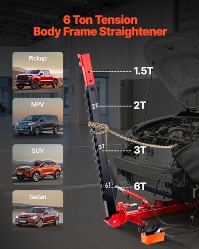 Image of VEVOR Auto Body Frame Puller Straightener, 6T Tension Car Body Repair Equipment with 6000PSI Hydraulic Foot Pump & Swivel Post, Includes 16 Straightening Tools, for Auto Repair Shop, Sedan SUV Pickup | Foot Control and Swivel Post Support Body Straightening for Sedans, SUVs and Pickups across Professional Auto Repair Shops