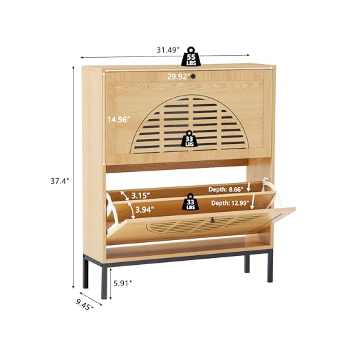 RARZOE Farmhouse Shoe Organizer with Flip Drawers, Narrow Entryway Rack, Natural Wood