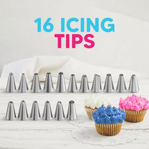 Riccle Piping Bags and Tips Set, 11.8 Inch 100 Anti Burst Piping Bags, 124 Pcs Cake Decorating Kit with 16 Piping Tips, 1 Reusable Pastry Bags, 3 Cake Scrapers, 2 Couplers, and 2 Icing Bags Ties image 3