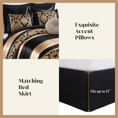 Image of CozyDH Black Gold Floral Comforter Set Queen - 7 Piece Luxury Jacquard Vintage Patchwork Bed in a Bag, All Season Down Alternative Bedding with Bed Skirt, Shams, Decorative Pillow, 90x90 in
