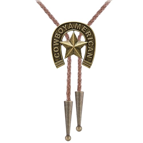 Image of Jeilwiy Bolo Tie for Men Western Cowboy Tie Necklace Gold Bolo Tie Leather Necktie Halloween Tie Accessories for Women