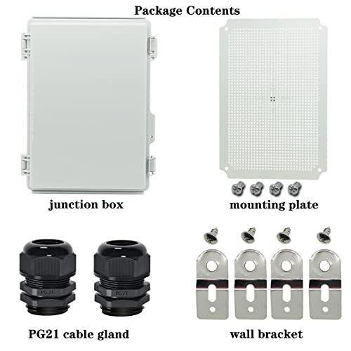 Image of Zulkit Junction Box,IP67 Waterproof Electrical Box Hinged Cover Stainless Steel Buckle Plastic Enclosure for Project w Mounting Plate Wall Bracket and 2 Cable Gland Grey 15 inchx11 inchx5.1 inch /380x280x130mm