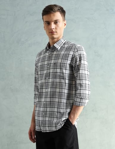 Image of Arrow Sport Men Slim fit Cotton Checked Long Sleeves Spread Collar Shirt