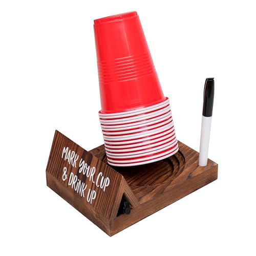 Wooden Brown Party Cup Holder with Marker Slot | Mark Your Cup and Drink Up Cup Holder |Hosting Party Essentials |Disposable Mug Dispenser for Birthday BBQ Holiday Events Housewarming Gift (Brown)