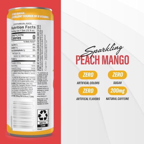 Image of C4 Smart Energy Drink - Sugar Free Performance Fuel & Nootropic Brain Booster, Coffee Substitute or Alternative | Peach Mango Nectar 12 Oz - 24 Pack