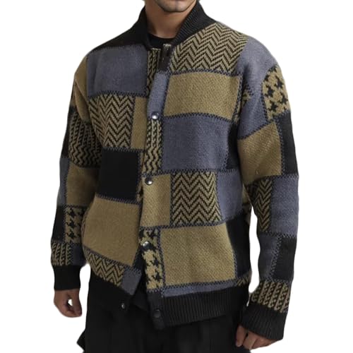 Cardigan Sweaters for Men Plaid Button Down Sweater Ruffle Shawl Collar Cardigan Vintage Open Front Sweater