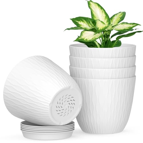 Homeuouz Plastic Plant Pots Indoor 5 Pack 15cm Stripe Grooves Flower Pots with Drainage Holes and Tray Modern Decorative Planter Pot for All House PlantsWhite