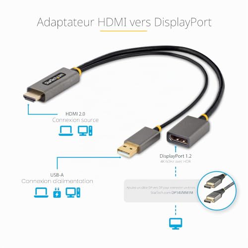 StarTech.com Adaptateur HDMI vers DisplayPort Adaptateur HDMI vers DisplayPort de 30cm Câble HDMI vers Displayport Alimentation par Bus Adaptateur HDMI 2.0 à DP 1.2 HDR Convertisseur HDMI Displayport Neuf - vue 6