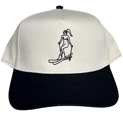 Ski Girl Vintage Trucker Hat - Cream/Black (Embroidered, Custom Fit for Men & Women, Trendy Snapback, Retro Hat)