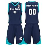 Benutzerdefiniert Basketball Trikots Kinder Herren mit Namen Nummber Logo Basketball Jersey Shirt und Shorts (Saphirblau)