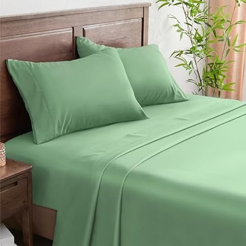 INFIIXSO Queen Sheets Set Sage Green - 65% Polyester & 35% Rayon Made from Bamboo Silky Bed Sheets, Deep Pockets Fits up to 15", Breathable, Wrinkle Free and Soft Queen Sheet & Pillowcase Sets Cover