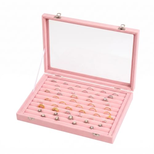 Frebeauty 10 Slots Ring Organizer Tray,Velvet Ring Box with Clear Lid