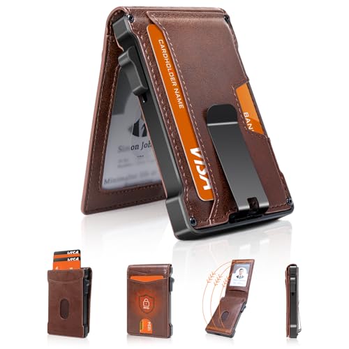 MNGARISTA Wallet for Men,Slim Mens Wallet for 11-13 Cards,RFID Blocking Bifold Minimalist Smart Wallet with ID Window & Money Clip,Magnetic Flip Metal Wallet,Gifts for Men-Brown