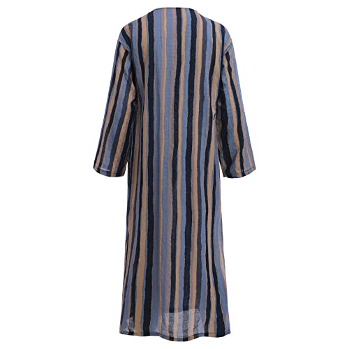 IDOPIP Men's Muslim Thobe Long Sleeve Striped Robe Gown Arab Islamic Kaftan Abayas Dress Middle East Dubai Ramadan Clothing3