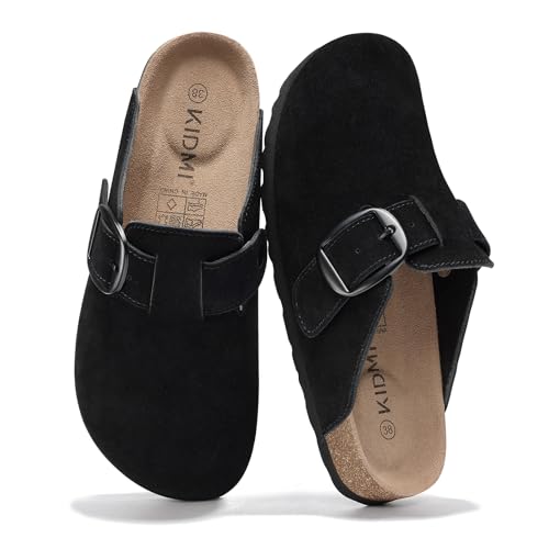 KIDMI Genuine Suede Clogs for Women Memory Foam Cork Footbed Potato Shoes Slip On Leather Mules with Big Buckle