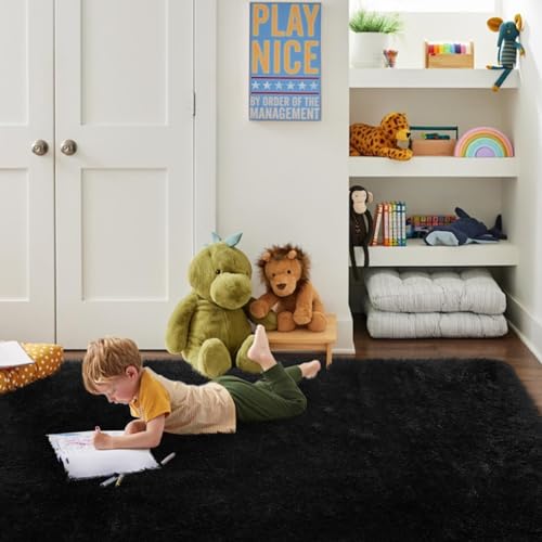 FVVRAX 120x180cm Black Shaggy Rug, Soft Fluffy Area Rug for Living Room & Bedroom, Non-Slip Plush Carpet for Kids Nursery - Image 3