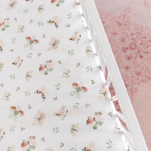 Image of Crane Baby Crib Sheet - 100% Cotton, Breathable Fitted Sheet for Standard Crib Mattress (28 inchx 52 inch), Butterfly Pattern for Boys and Girls