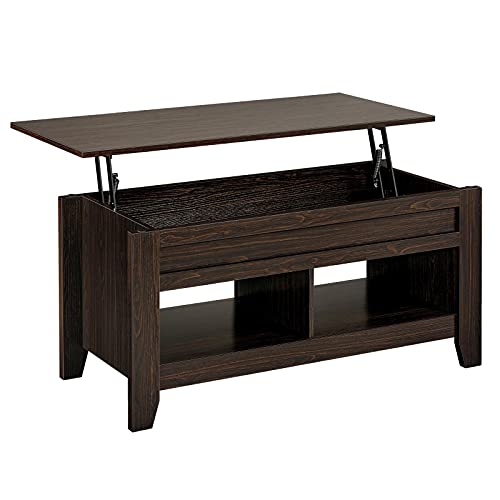 Yaheetech Table de Basse Relevable avec Plateau relevable, Table de Salon Fonctionnelle, Table de Salle à Manger, avec Deux Compartiements Caché, Design Moderne en Bois MDF 104 x 49 x 49/61cm Marron