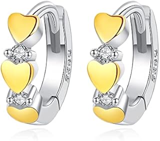 Triple Gold Love Heart Crystal Sleeper Small Hoop Earrings for Women Girls S925 Sterling Silver Cubic Zirconia Fashion Cute Tiny CZ Huggie Earring Hypoallergenic Sensitive Ear Cartilage Ear Jewelry