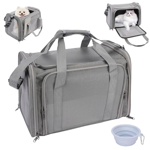 KIMIGO Transporttasche für Katze Hund,Tragbar Transporttasche Katze,Flugtaugliche Haustiertasche,Tragbar Faltbare Haustier Tragetaschen mit Schultergurt für Mittel Kleine Haustiere,Bis 6 kg,Grau