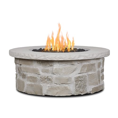 Real Flame Scottsdale 40” Round Stone Propane Fire Pit Table, 50000 BTU Outdoor Gas Fireplace for Outside Patio Backyard Deck and Garden, Includes Storage Cover, lid and Lava Rock Filler