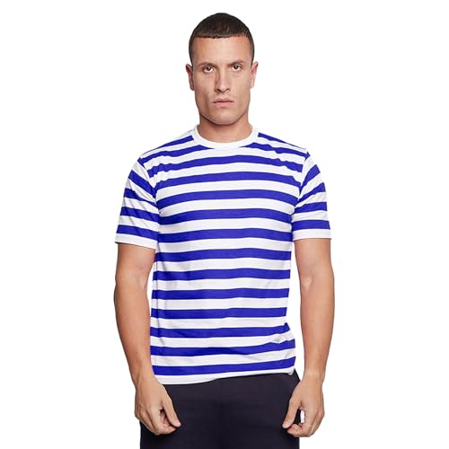 Image of Active Star® Mens Womens Red & White Striped T-Shirt, Casual Unisex Red Black Blue and White Crew Neck Short Sleeve Stripes Dailywear Summer Book Week Top Adults UK Size S-XXL, Blue White-S