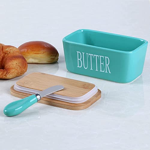 Image of Ceramic Butter Dish with Wooden Lid and Stainless Steel Knife, Large Butter Container Keeper with Bamboo Cover and Silicone Sealing Ring for West and East Coast Butter (Green)